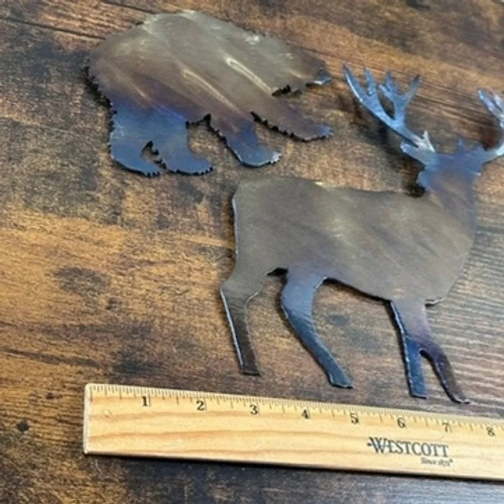 Metal Wall Art Bear Deer Silhouette Iridescent Heat Treated Finish Steel Set‎